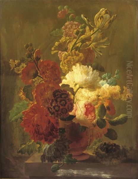 Roses, Tulips, Violets And Other Flowers In An Urn On A Stone Ledge With A Bird's Nest Oil Painting by Pieter Faes