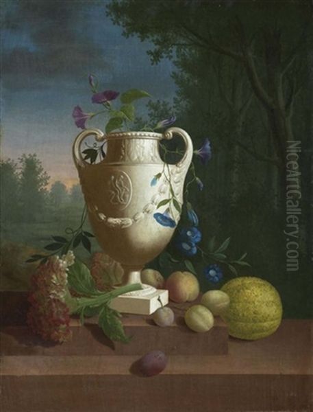 Eine Vase Und Fruchte Auf Einer Steinbrustung Vor Einer Landschaft Oil Painting by Pieter Faes