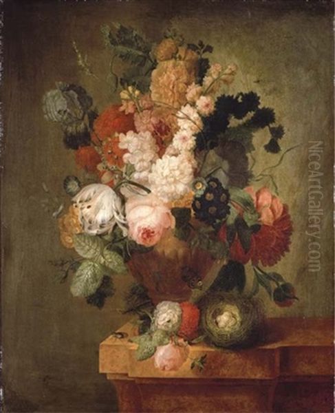 Roses, Carnations, A Tulip And Other Flowers In A Sculpted Urn With A Bird's Nest On A Marble Ledge Oil Painting by Pieter Faes