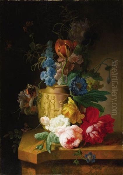 Floral Still Life (+ Another; Pair) Oil Painting by Pieter Faes