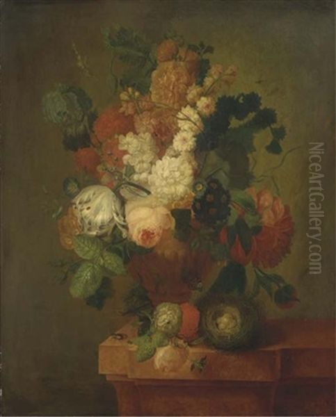 Bouquet De Fleurs Dans Un Vase Pose Sur Un Entablement Avec Un Nid D'oiseaux Oil Painting by Pieter Faes