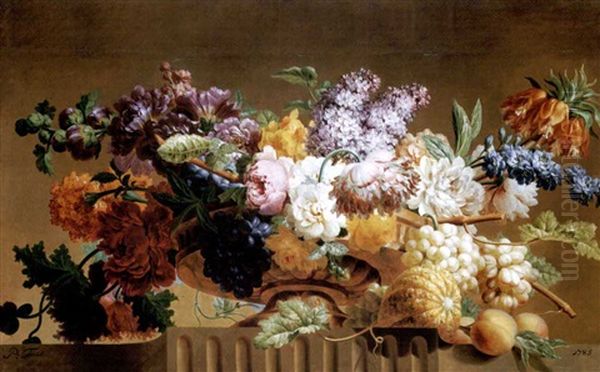 Peonies, Hydrangea, Daffodils And Grapes With Other Flowers In An Urn On A Ledge With A Melon And Peaches Oil Painting by Pieter Faes