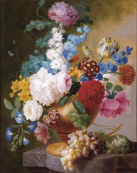 Still Life Of Tulips, Roses, Peonies, Narcissus And Other Flowers In An Urn Oil Painting by Pieter Faes