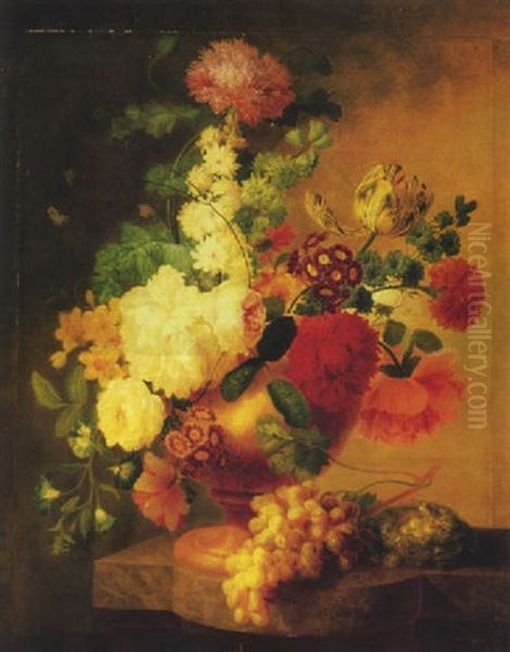 Tulips, Roses, Peonies, Narcissus, And Other Flowers With A Butterfly In An Urn, With Grapes On The Vine And A Bird's Nest With Eggs And Ants Oil Painting by Pieter Faes