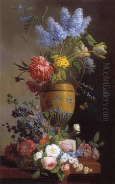 Nature Morte Au Bouquet De Lilas, Pivoines Et Tulipes Et A La Corbeille De Fleurs Sur Un Entablement Oil Painting by Pieter Faes