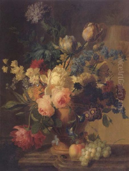 Still Life Of Roses, Peonies, Tulips, Narcissus, And Other Flowers In A Terracotta Vase, With Grapes And A Peach Oil Painting by Pieter Faes