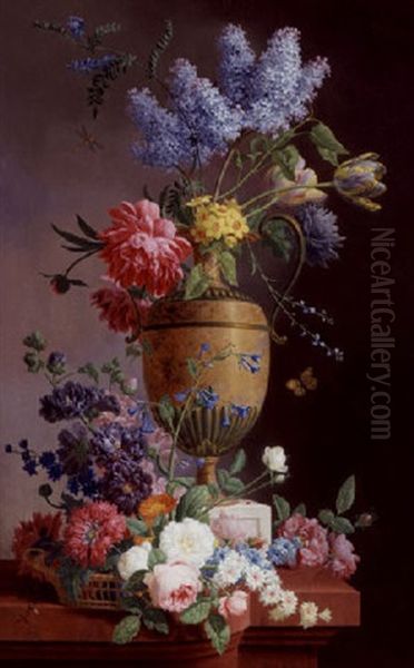 Still Life Of Lilacs, Roses, Tulips And Other Flowers In A Tall Urn Resting On A Ledge With A Basket Overflowing With Flowers Oil Painting by Pieter Faes