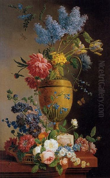 Still Life Of Lilacs, Roses, Tulips And Other Flowers In A Tall Urn Resting On A Ledge With A Basket Overflowing With Flowers Oil Painting by Pieter Faes