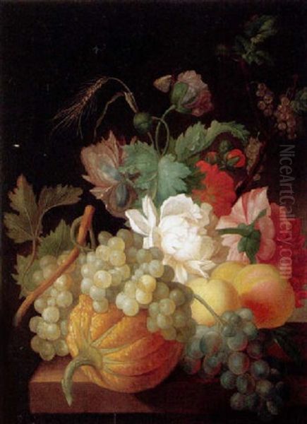 Still Life Of Grapes, Peaches And A Melon, Together With Popies, Carnations And An Ear Of Wheat, Upon A Stone Ledge Oil Painting by Pieter Faes