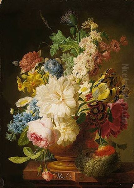 A Still Life Of Mixed Flowers Including Roses, Poppies And Narcissi In A Stone Vase, All Upon A Ledge With A Ladybird And A Moth Oil Painting by Pieter Faes