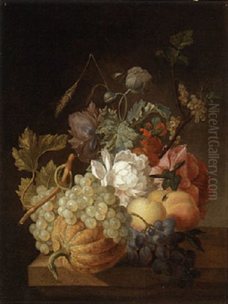 A Melon, Grapes, Peaches, Gooseberries, An Ear Of Corn And Flowers On A Ledge Oil Painting by Pieter Faes