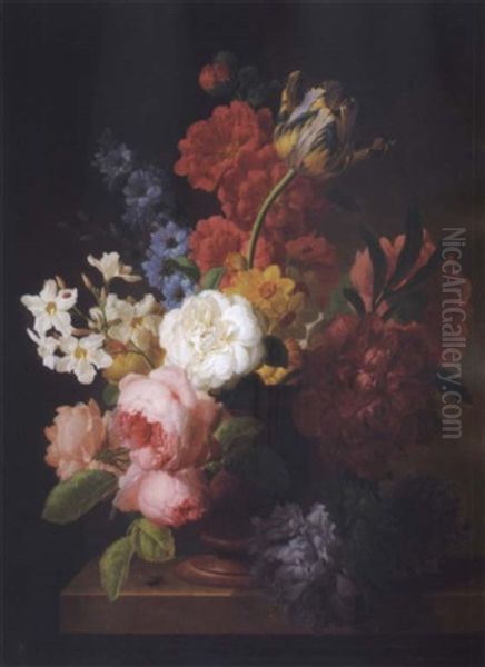 Still Life Of Flowers In A Marble Urn And A Fly On A Stone Ledge Oil Painting by Pieter Faes