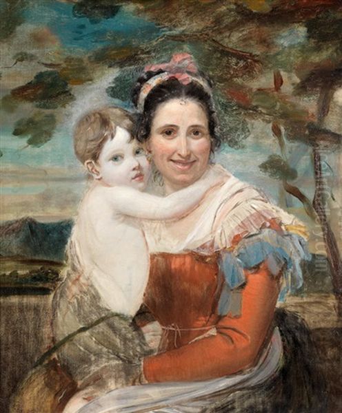 Portrait Of The Artist's Daughter, Estina Fagan Held By Her Nurse, A Mountainous Landscape Beyond Oil Painting by Robert Fagan