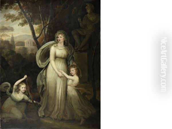 Portrait Of A Lady, With Two Children, Possibly Members Of The Lichtenau Family, Full-length, In A Classical Landscape Oil Painting by Robert Fagan