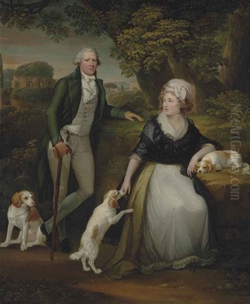 Double Portrait Of Sir Andrew Corbet Corbet, Bt., Of Stoke On Trent (1752-1823), And His Wife Hestor, Full-length, With Their Spaniels Bow Oil Painting by Robert Fagan