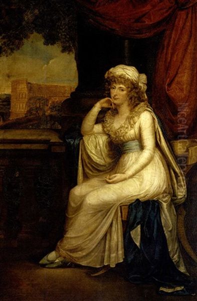 Portrait Of Lady Clifford, Seated In A White Dress With Blue Sash On A Klismos Chair On A Loggia Overlooking The Colloseum Oil Painting by Robert Fagan