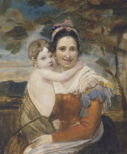 Portrait Of Estina Fagan Seated In A Red Dress, Held By Her Nurse Oil Painting by Robert Fagan