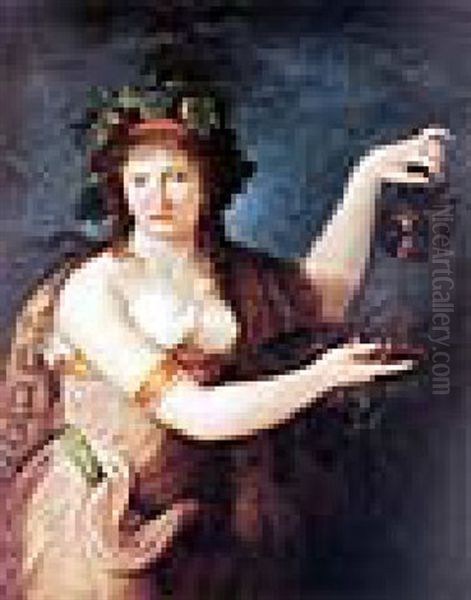 Emma Hamilton As A Bacchante, Wearing Classical Dress, Pouring From A Greek Painted Vase Oil Painting by Robert Fagan