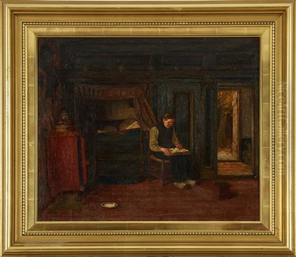 Interior Med Lasande Man Oil Painting by Ferdinand Fagerlin