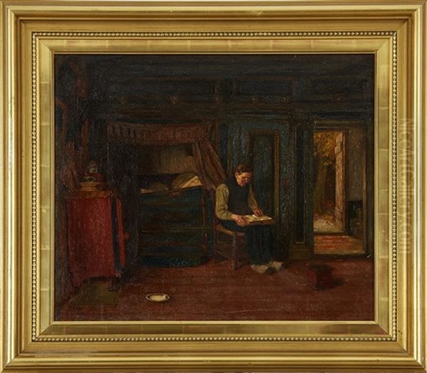 Interior Med Lasande Man Oil Painting by Ferdinand Fagerlin