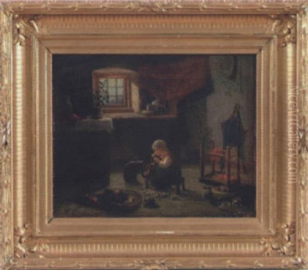 Allmogeinterior Med Flicka Och Katter Oil Painting by Ferdinand Fagerlin