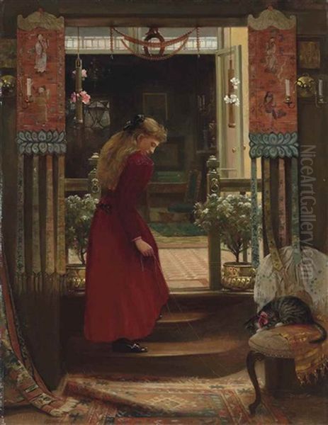 A Girl Playing With A Cat In An Interior Oil Painting by Edward Henry Fahey