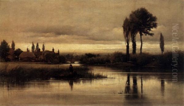 A Tranquil River Scene With Figures Fishing From A Rowboat In The Foreground Oil Painting by Edward Henry Fahey