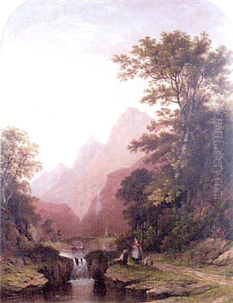 Figures In A River Valley Oil Painting by James Fahey