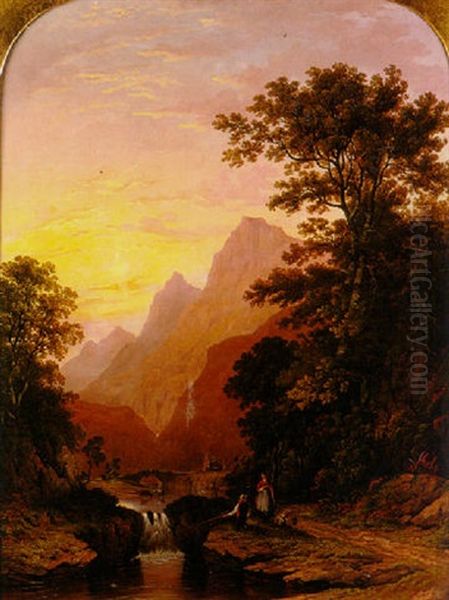 Figures In A River Valley Oil Painting by James Fahey