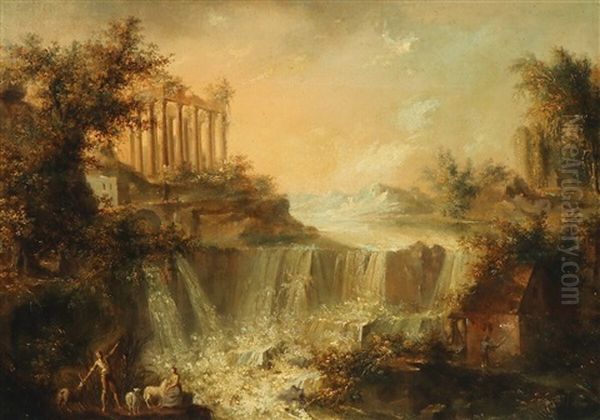 A Romantic Landscape With A Waterfall And Ruins Oil Painting by Carl Johan Fahlcrantz