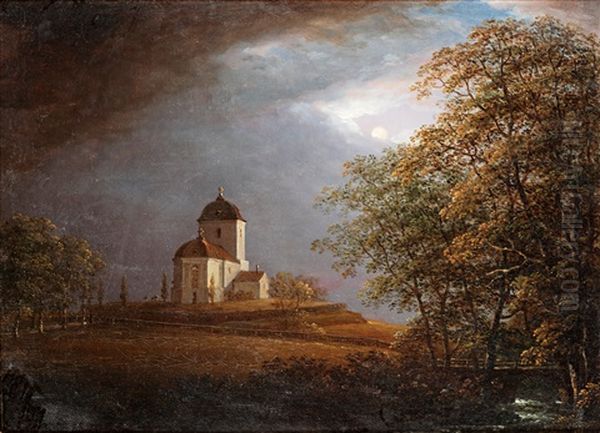 Utsikt Mot Andrarums Kyrka Oil Painting by Carl Johan Fahlcrantz