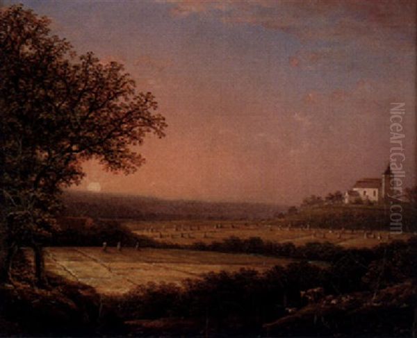 Svenskt Sommarlandskap Med Kyrka I Morgonsol Oil Painting by Carl Johan Fahlcrantz