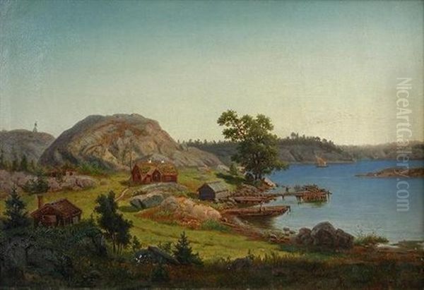 Cottages By A Fjord Oil Painting by Karl August Fahlgren