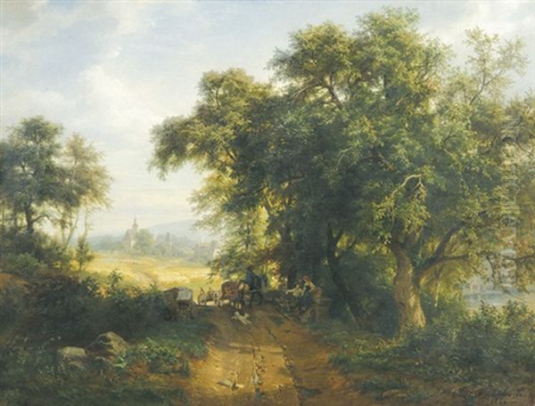 Waldlandschaft Mit Blick Auf Gernsbach, Im Vordergrund Bauer Auf Einem Pferdewagen Oil Painting by Carl Ludwig Fahrbach