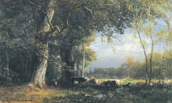 Kuhherde Am Waldrand Oil Painting by Carl Ludwig Fahrbach