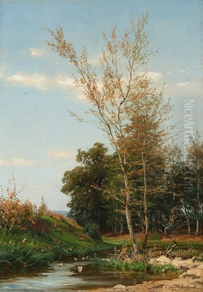 Kleiner Weiher Am Waldesrand Oil Painting by Carl Ludwig Fahrbach