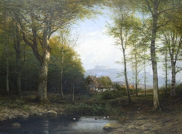 Castle In Neckartal Oil Painting by Carl Ludwig Fahrbach