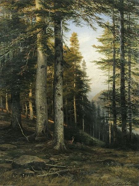 Hugelige Waldpartie Mit Rehen Oil Painting by Carl Ludwig Fahrbach