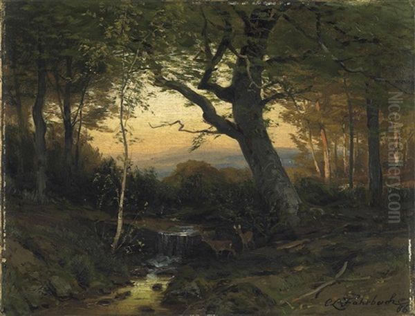 Sommerliche Waldpartie Im Morgenlicht. Vorn Rehe An Kleinem Bachlauf Oil Painting by Carl Ludwig Fahrbach