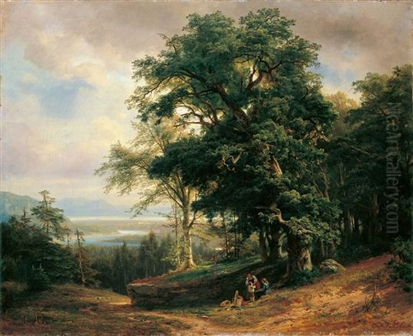 Bewaldete Flusslandschaft Mit Rastender Familie Oil Painting by Carl Ludwig Fahrbach