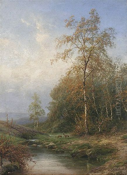 Birkenlandschaft - Bachlandschaft Mit Zwei Rehen Oil Painting by Carl Ludwig Fahrbach