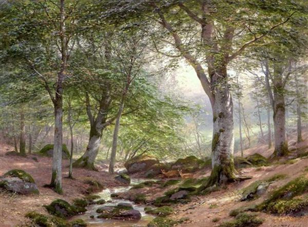 Blick In Das Waldinnere Mit Zwei Rehen An Einen Bachlauf Oil Painting by Carl Ludwig Fahrbach