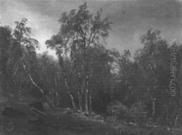 Waldinneres Mit Mann Und Hund Bei Einer Birkengruppe Oil Painting by Carl Ludwig Fahrbach