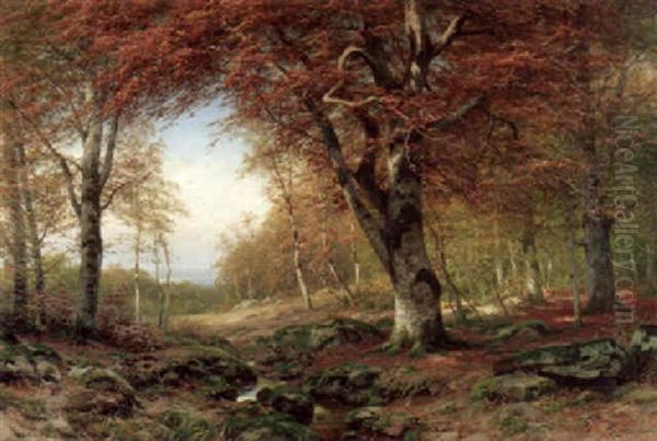 Herbstwald Mit Ausblick In Ein Flusstal (rhein?) Oil Painting by Carl Ludwig Fahrbach