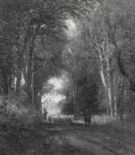 Schafer Mit Seiner Herde Auf Dem Waldweg Oil Painting by Carl Ludwig Fahrbach