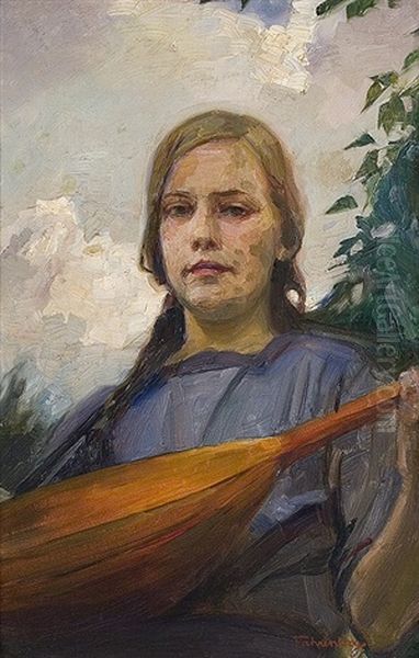 Madchen Mit Mandoline Oil Painting by Ludwig Carl Wilhelm Fahrenkrog