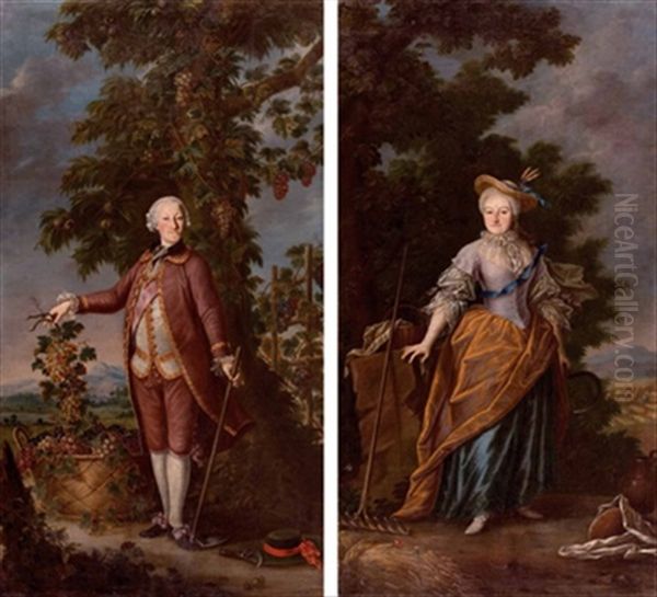 Ganzfigur Der Grafin Josephine Von Pachta, Dargestellt Als Allegorie Des Sommers (+ Ganzfigur Des Grafen Johann Joseph Philipp Pachta Von Rayhofen, Dargestellt Als Allegorie Des Herbstes; Pair) Oil Painting by Franz Fahrenschon