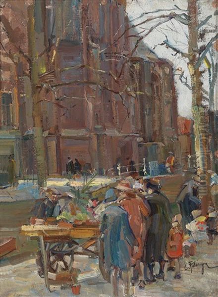 Bookseller Before A Church Oil Painting by Carl Fahringer