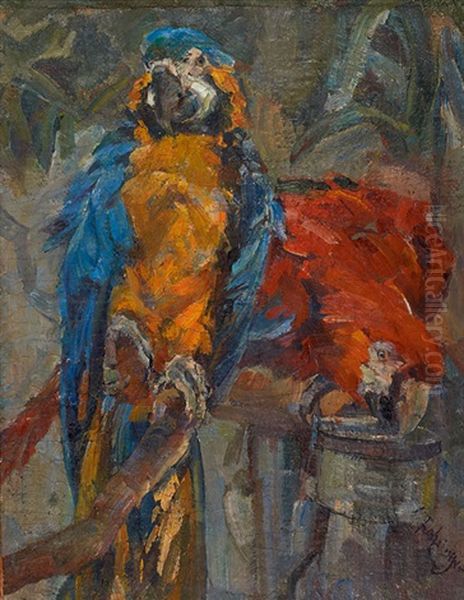 Blauer Und Roter Papagei Oil Painting by Carl Fahringer