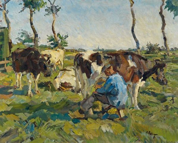 Kuhe Auf Der Weide Oil Painting by Carl Fahringer